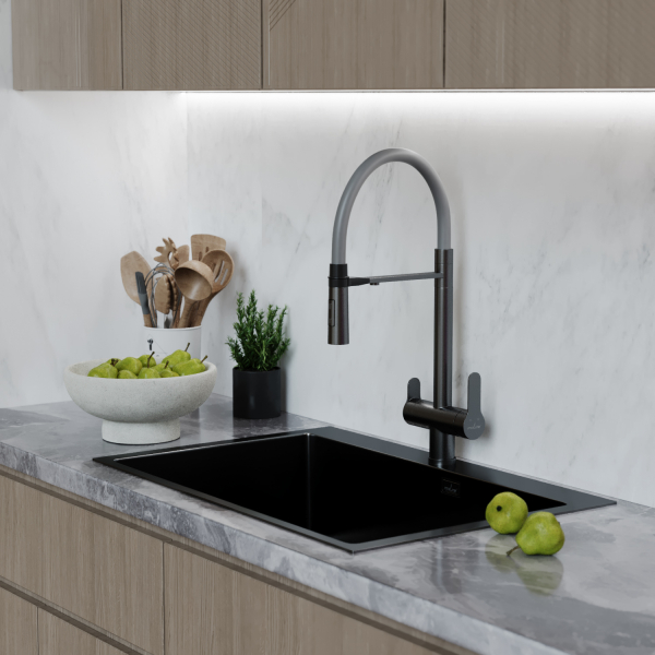 Смеситель для кухни 35k MIXLINE MLSS-0401BL серый гиб. излив магнит, подкл.к фильтру, ЧЕРНЫЙ ГРАФИТ